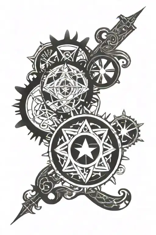 band with symbols: Alpha, Dharma wheel, jewish star, chi-rho, ohm, omega  tattoo design idea
