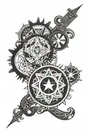 band with symbols: Alpha, Dharma wheel, jewish star, chi-rho, ohm, omega  tattoo design idea
