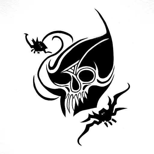 tattoo in the style of tatau from far edge 3, with stylized images of heron, shark, spider, boar, skulls and dagger tattoo design idea