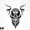 tattoo in the style of tatau from far edge 3, with stylized images of heron, shark, spider, boar, skulls and dagger tattoo design idea