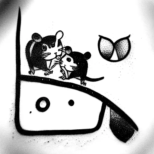 cute tattoo with two white and one gray rats and a tricolor cat tattoo design idea