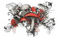 half sleeve, with mushrooms as its main theme, with hints of Alice in wonderland and horror elements  tattoo design idea