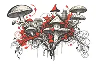 half sleeve, with mushrooms as its main theme, with hints of Alice in wonderland and horror elements  tattoo design idea