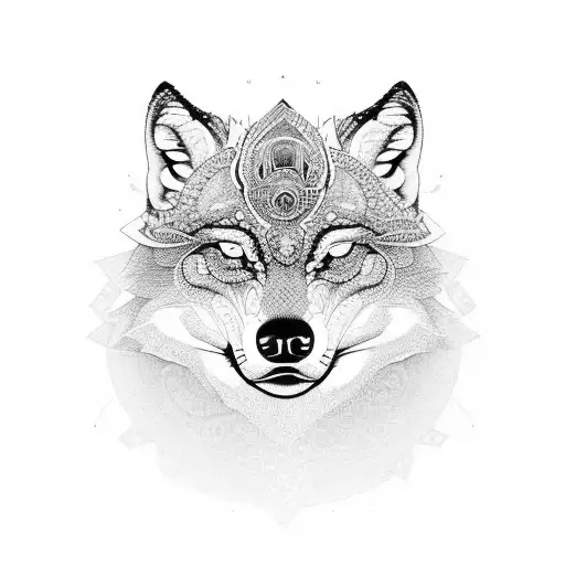 An intricate black and grey design featuring a strong and watchful wolf overlooking a cozy home, symbolizing your role as a protector and provider for your family. tattoo design idea