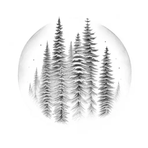 forest with only 4 pine trees and two roses linked to the pines tattoo design idea