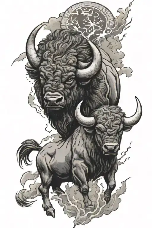 charging Buffalo with lightning storm tattoo design idea