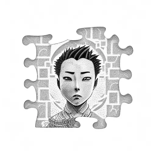 A dotwork tattoo showcasing Shikamaru Nara's intelligence and leadership skills through a composition of intricate puzzle pieces tattoo design idea