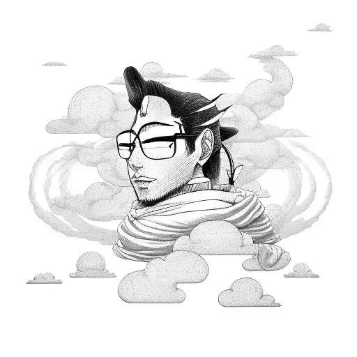 A detailed portrait of Shikamaru Nara surrounded by swirling clouds and shadows tattoo design idea