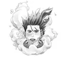 A detailed portrait of Shikamaru Nara surrounded by swirling clouds and shadows tattoo design idea