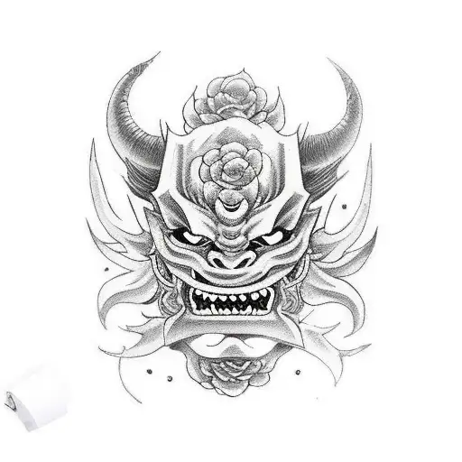 red Oni Mask With gardenias  tattoo design idea