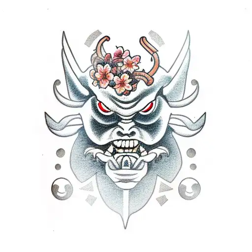 oni mask on a beetle with cherry blossoms and gardenia tattoo design idea