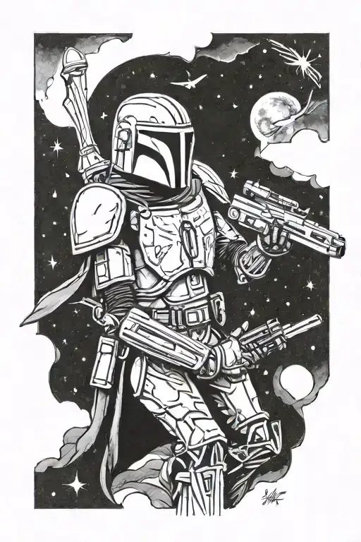 Star Wars mandalorian battle scene tattoo design idea