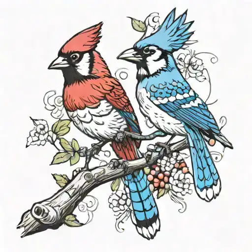 blue jay and cardinal on a branch tattoo design idea