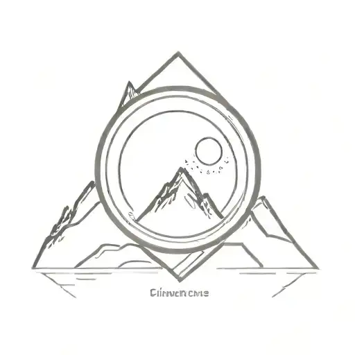 A minimalist camera lens with a mountain and sea reflection for photography and nature lovers tattoo design idea