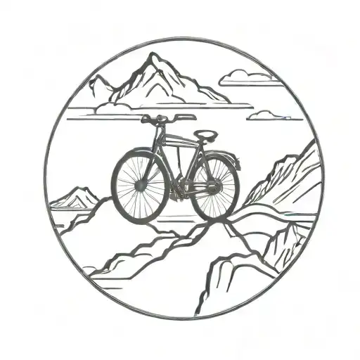 A minimalist motorcycle wheel with mountain and sea scenery for adventure motorcycling enthusiasts tattoo design idea