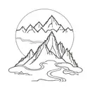 A minimalist geometric mountain range with a winding road for adventure motorcycling tattoo design idea