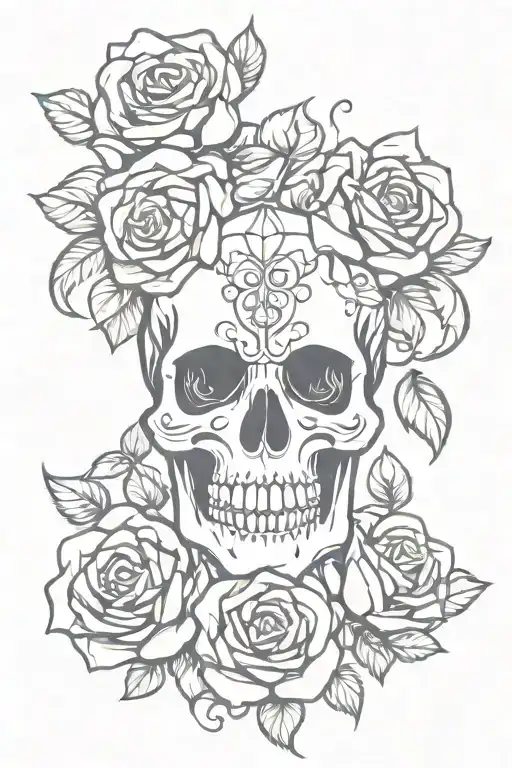 simple skull and roses entwined stencil style for women  tattoo design idea