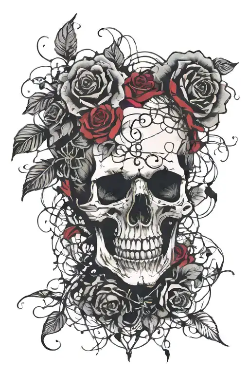 simple old goth, skulls entangled with rose vines, simple outline, black ink only, a unique trash polka design  forearm tattoo design idea