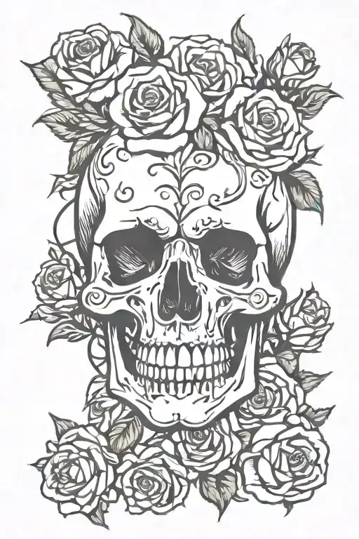 simple skull and roses entwined stencil style, for women, dark age gothic meets elegance tattoo design idea