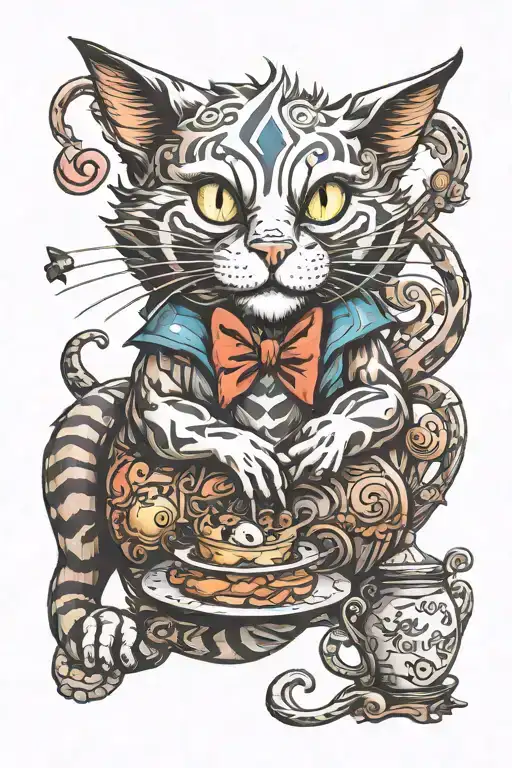 evil chesire cat with alice in wonderland tattoo design idea