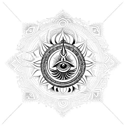 vel trident tatto with mother Durga eye and tamil writing saying "Shiv Shakti" tattoo design idea