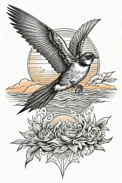 sunrise over the ocean with a swallow bird tattoo design idea