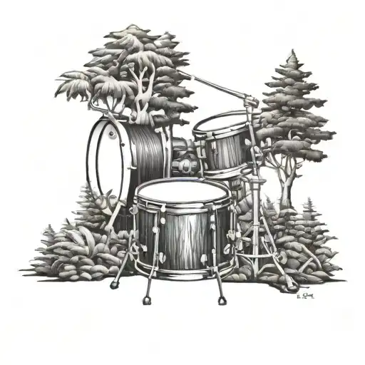 A drum set surrounded by a lush forest with a hidden dog peeking out from behind a tree tattoo design idea