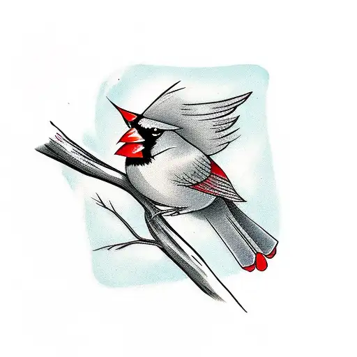 A traditional-style cardinal perched on a BRANCH WITH BANNERS WRAPPED AROUND THAT SAY "PLENTY SUDDENLY" tattoo design idea