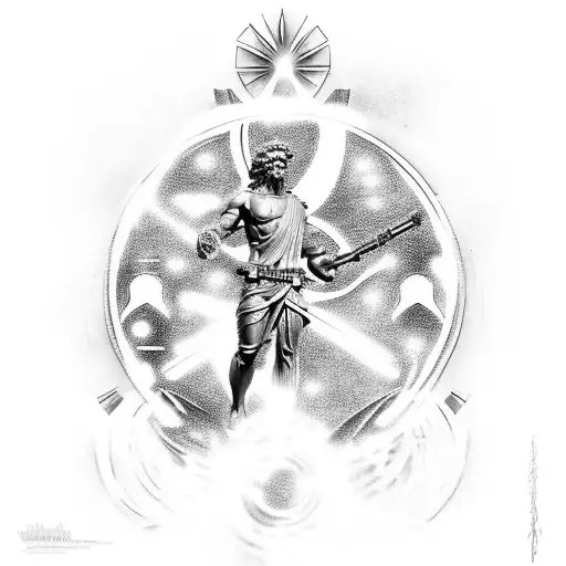 A statue of a greek god surrounded by constellations of star wars characters tattoo design idea
