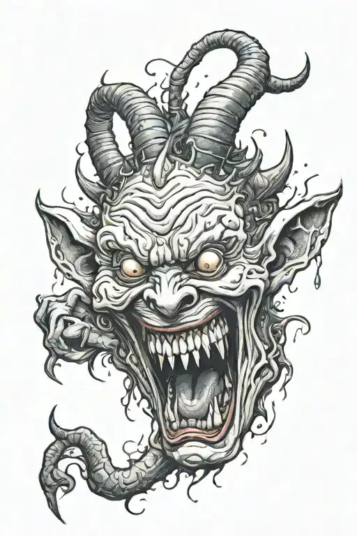 crazy demon with horns crying from pain but laughing sorrounded by cinfusion tattoo design idea