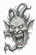 crazy demon with horns crying from pain but laughing sorrounded by cinfusion tattoo design idea