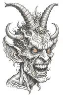 crazy demon with horns crying from pain but laughing sorrounded by cinfusion tattoo design idea
