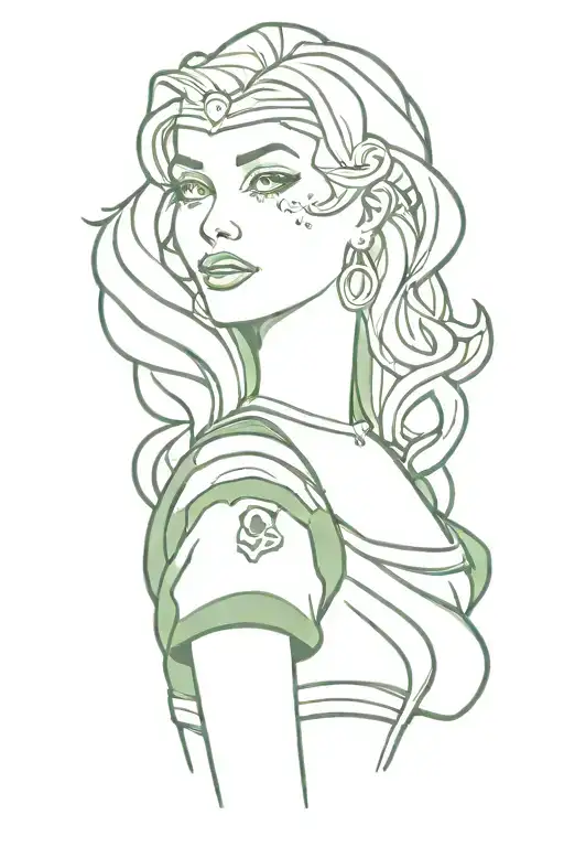 Aurora from Sleeping Beauty from the waist up with a Green Bay Packers jersey on  tattoo design idea