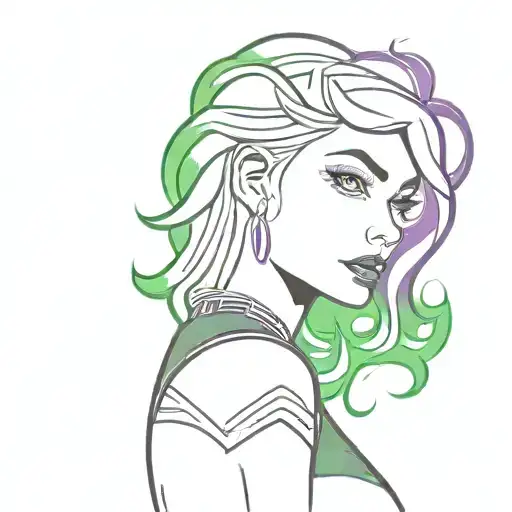 Aurora from Sleeping Beauty from the waist up with a Green Bay Packers jersey on and purple and green flames behind her tattoo design idea