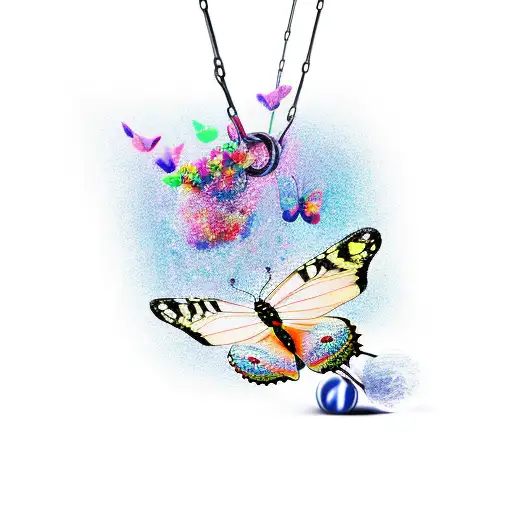 Butterfly breaking free from ball and chain tattoo design idea