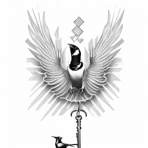 A magpie carrying a key in its beak, surrounded by blackwork feathers and gears tattoo design idea