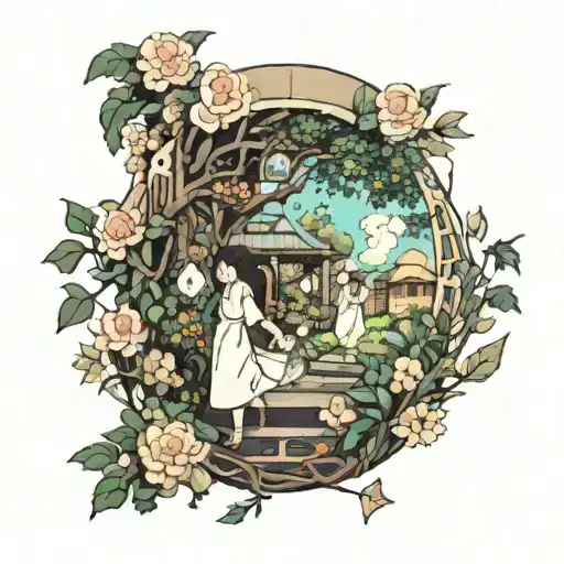 ghibli studios characters walking around the arm with vines flowers and trees  tattoo design idea