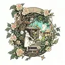 ghibli studios characters walking around the arm with vines flowers and trees  tattoo design idea