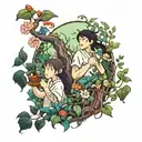 ghibli studios characters walking around the arm with vines flowers and trees  tattoo design idea