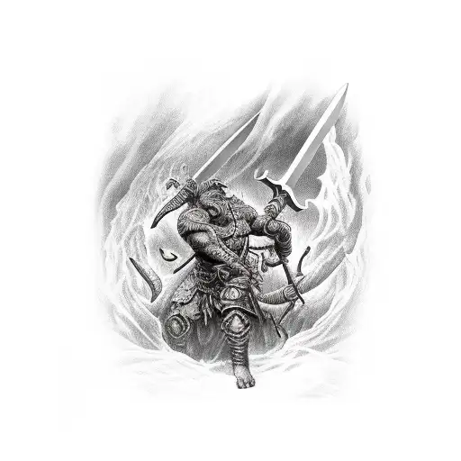 a barbarian hitting basilisk with a big sword tattoo design idea