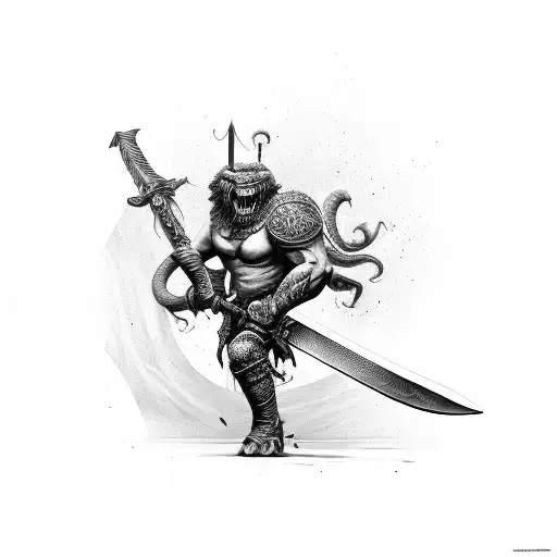 a barbarian striking basilisk with a big sword tattoo design idea