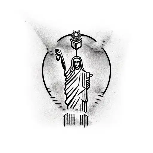 cristo redentor com o Rio de Janeiro e praia tattoo design idea