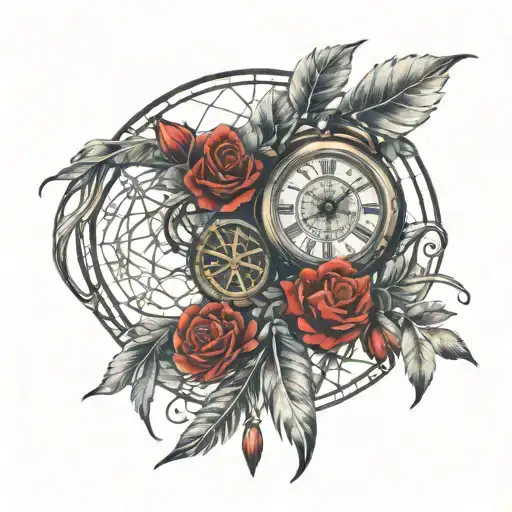 dream catcher with clock entangled with red roses with intricate design tattoo design idea