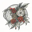 dream catcher with clock entangled with red roses with intricate design tattoo design idea