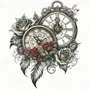dream catcher with clock entangled with red roses with intricate design tattoo design idea