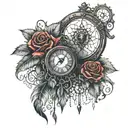 dream catcher with clock entangled with red roses with intricate design tattoo design idea