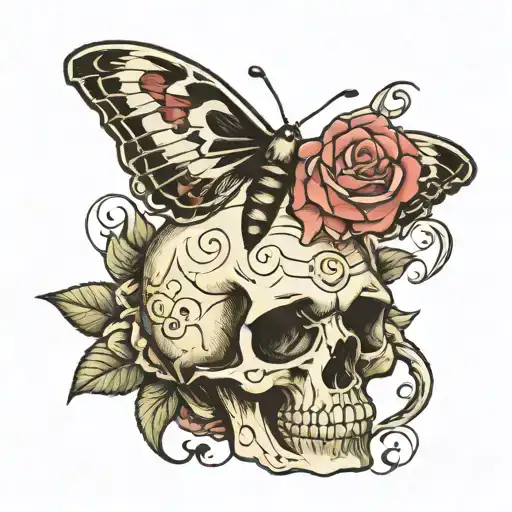 Moth and Rose inside skull tattoo design idea