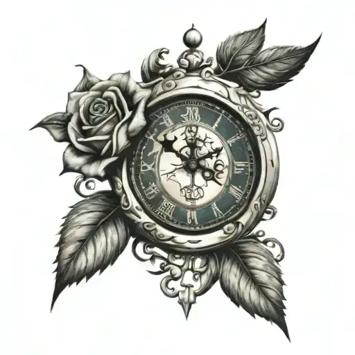 clock rose cross with moon phases and zodiac signs tattoo design idea