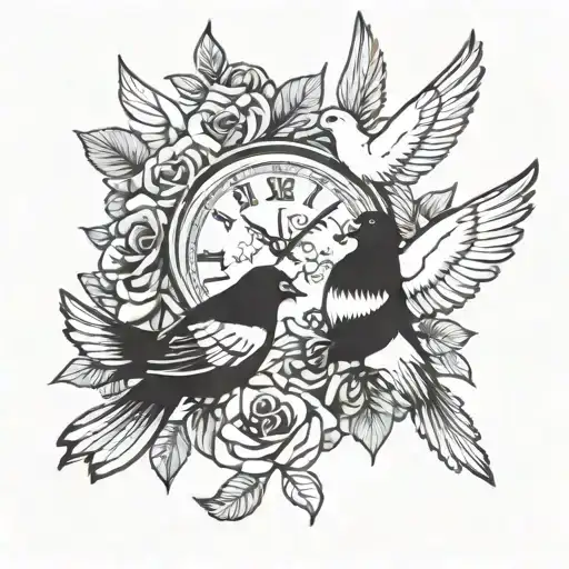 clock Doves roses fish date zodiac sign 23-05-1945 tattoo design idea