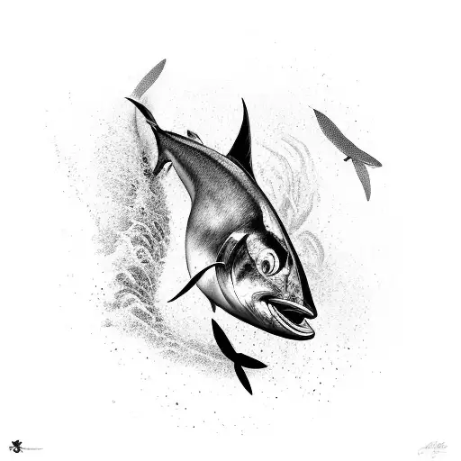 A realistic black and grey portrait of a tuna swimming against a backdrop of waves tattoo design idea